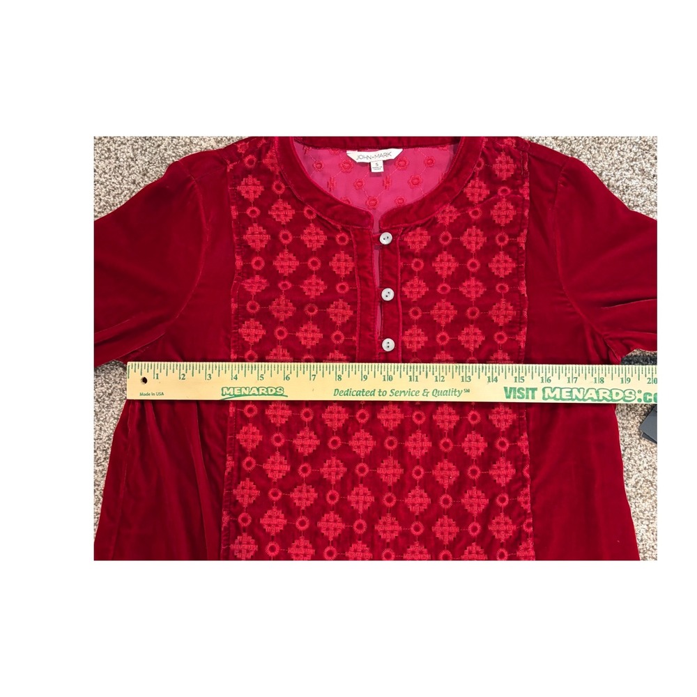 John Mark Red Velvet Embroidered Tunic Top Sm Roll Tab Sleeve Boho Boutique NWT - Picture 7 of 9